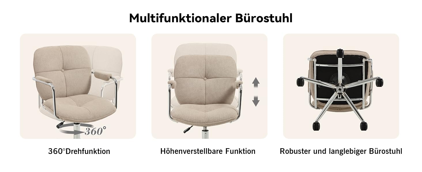 Der Text lautet „Multifunktionaler Bürostuhl“. Produktbilder zeigen den beigen Bürostuhl aus mehreren Blickwinkeln und zeigen verschiedene Einstellmöglichkeiten.