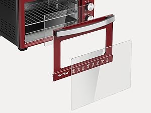 Primo piano dell'elettrodomestico da cucina rosso con pannello della porta in vetro trasparente, che mostra un design modulare con sezione frontale trasparente rimovibile