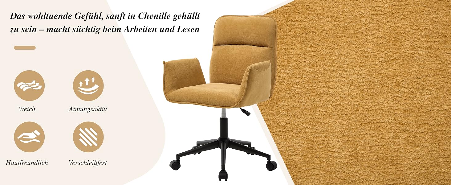 Text auf Deutsch lautet: „Das wohltuende Gefühl, sanft in Chenille gehüllt zu sein“. Abgebildeter Bürostuhl aus warmem Chenille-Stoff mit Symbolen, die Produktmerkmale wie Komfort und Atmungsaktivität kennzeichnen.