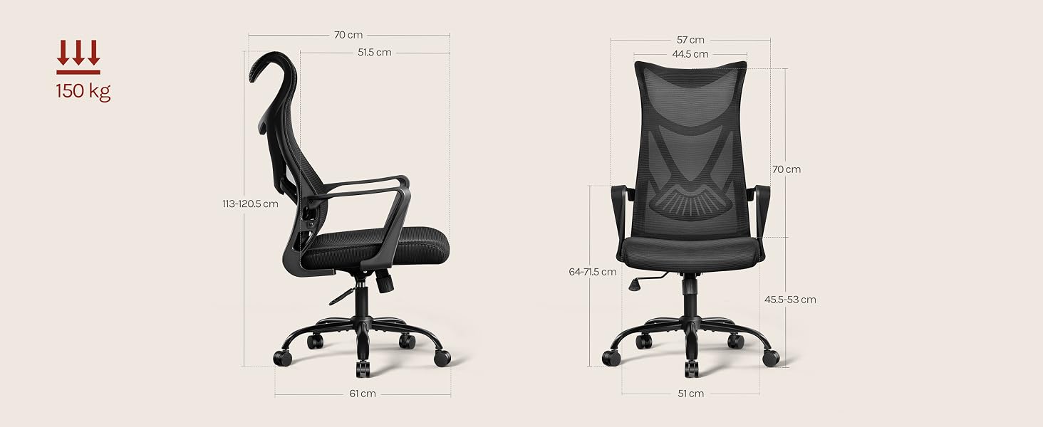 Technical diagram showing front and side view sketches of an ergonomic office chair with high mesh back and adjustable features.