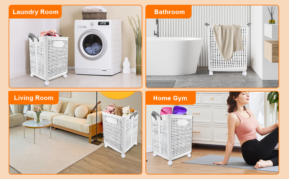 Multi-purpose white storage cart shown in various room settings: laundry room, bathroom, living room, and home gym environments.