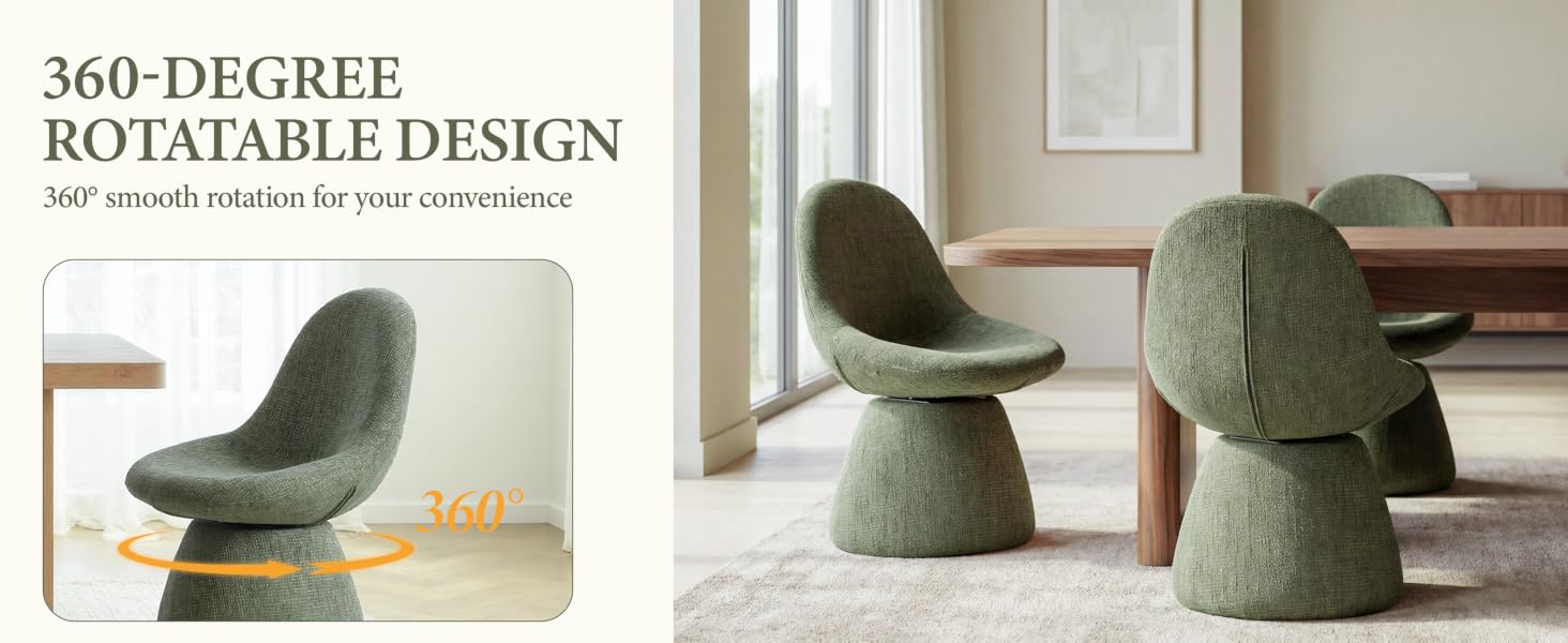 Text reads '360-DEGREE ROTATABLE DESIGN'. Green upholstered chair shown from multiple angles demonstrating full rotation capability.