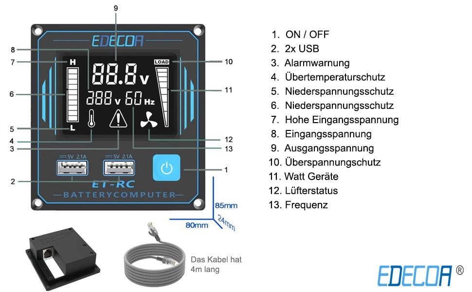 EDECOA Wechselrichter 3000w 12v 230v Spannungswandler mit Neuer  Fernbedienung 2X USB und Bildschirm LCD für Sonnenkollektor