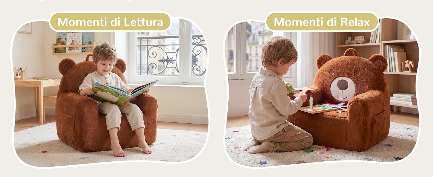 Il testo recita «Momenti di Lettura» e «Momenti di Relax». Due scene che mostrano una poltrona imbottita marrone con pouf in ambienti domestici. Dimostra il posizionamento dei mobili e la comoda disposizione dei posti a sedere.