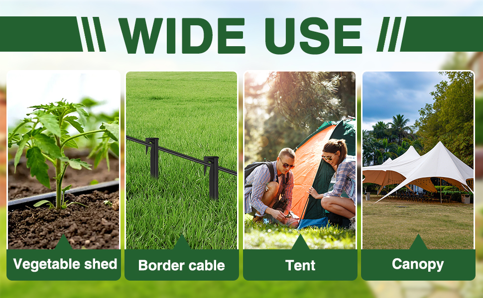 Image à quatre panneaux présentant des produits de plein air : abri à légumes, câble de bordure, tente et auvent. Bannière verte avec texte « WIDE USE ». Des panneaux illustrent diverses applications dans le domaine du jardinage et du camping.