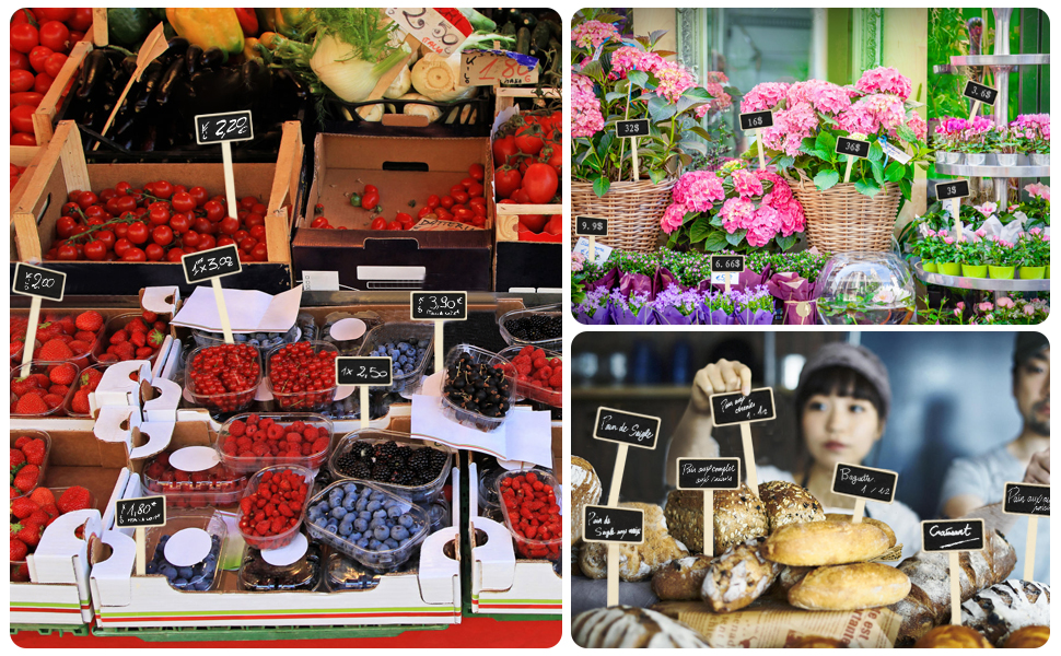 Collage d'étals de marché de produits frais, avec des paniers de baies colorées, de fleurs et de fromages assortis avec des étiquettes de prix