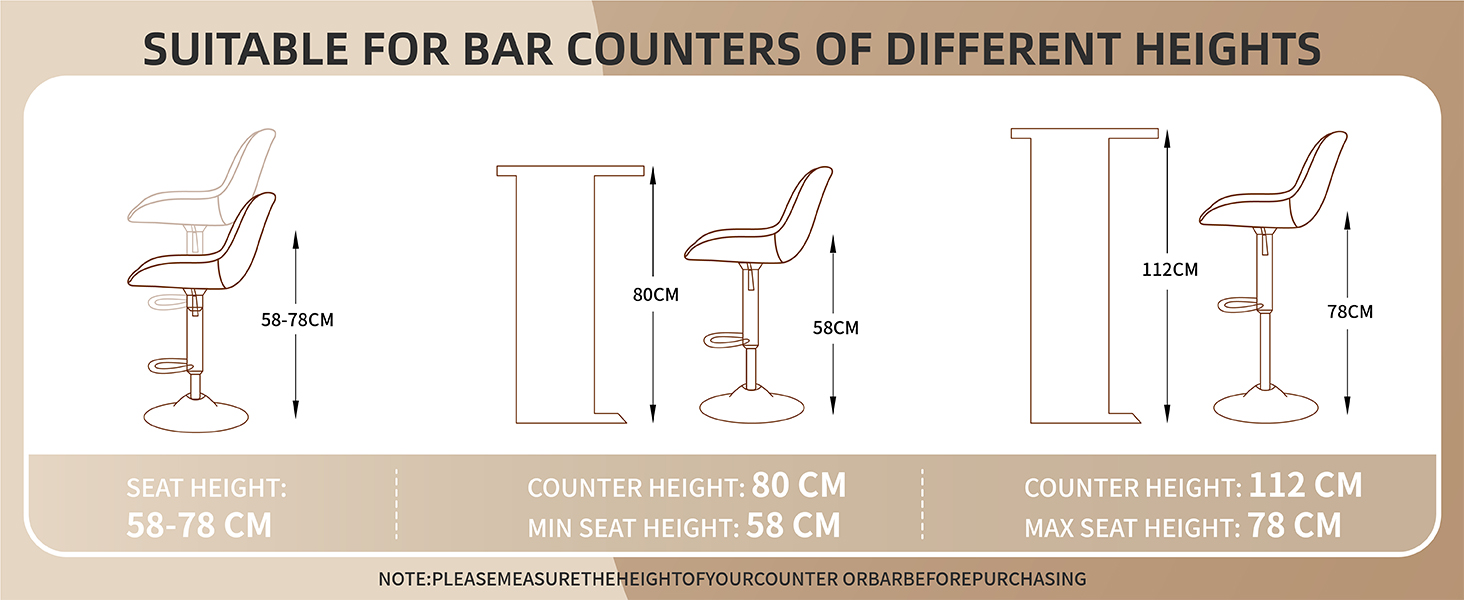 Text reads 'SUITABLE FOR BAR COUNTERS OF DIFFERENT HEIGHTS'. Technical diagram showing adjustable seating heights: 65-75CM for 80CM counter, 70CM for 90CM counter, and 75CM for 112CM counter.