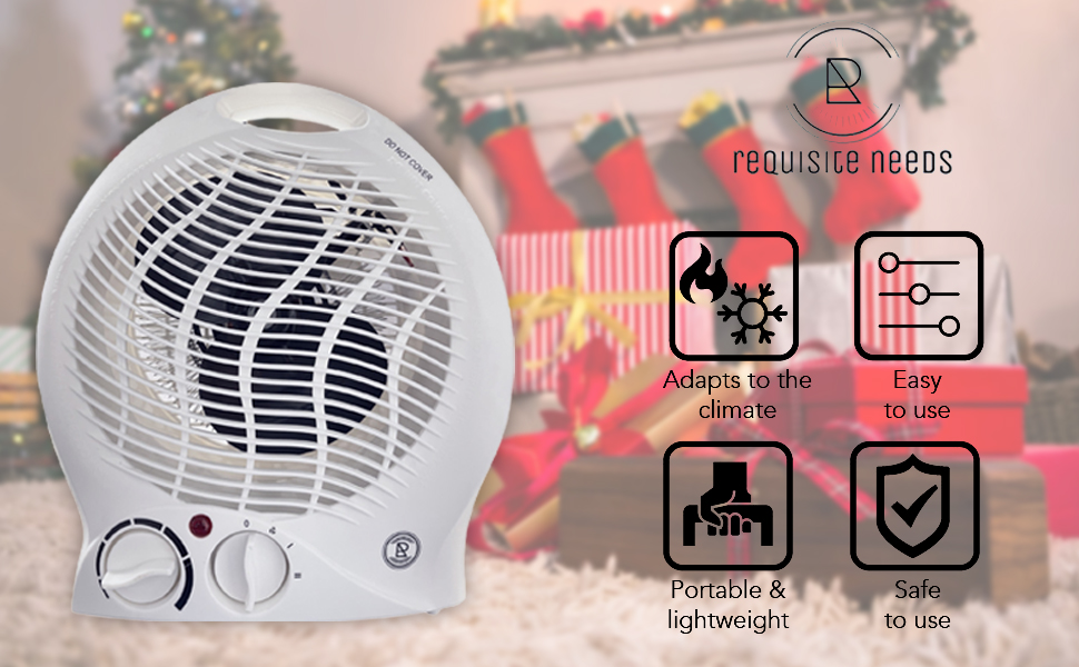 Compact white electric heater with two control dials. Four icons highlight features: climate adaptability, ease of use, portability, and safety. Christmas decor in background.