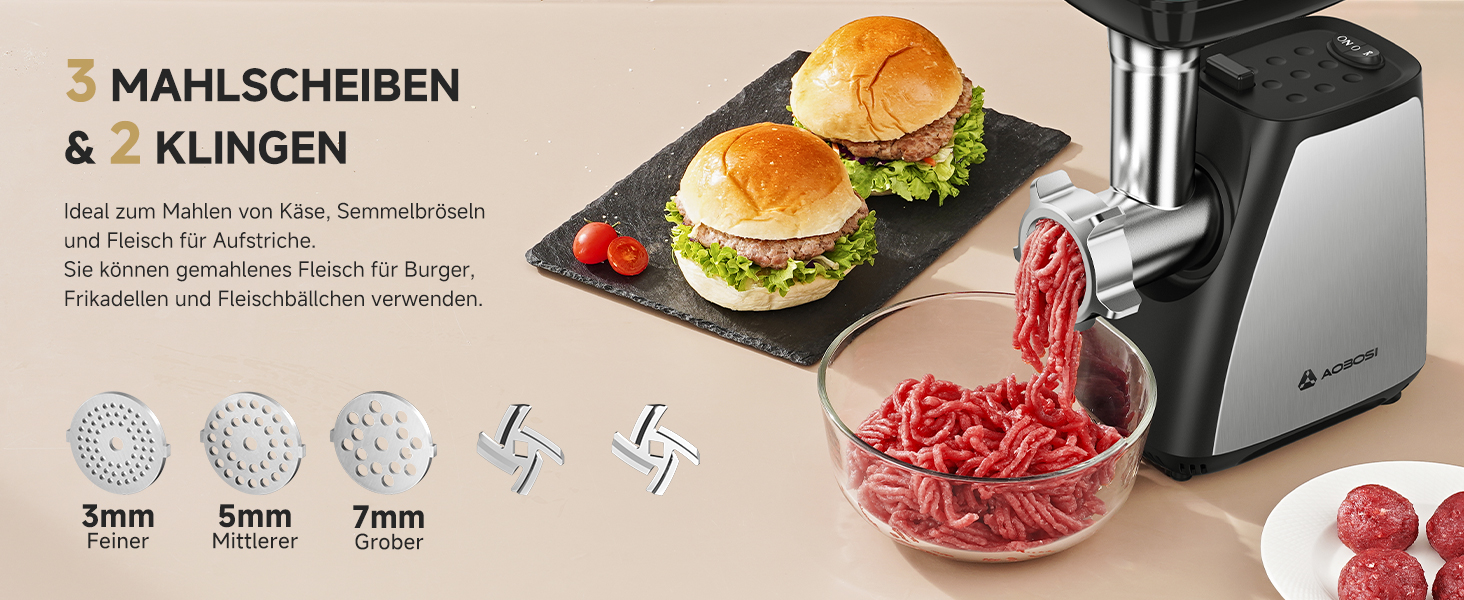 Der Text lautet „MAHLSCHEIBEN“ und „KLINGEN“. Produktwerbung, in der Komponenten für Fleischzerkleinerer mit Burger und in Scheiben geschnittenem Fleisch gezeigt werden und die Funktionsweise der Mahlplatten und Klingen demonstriert wird.