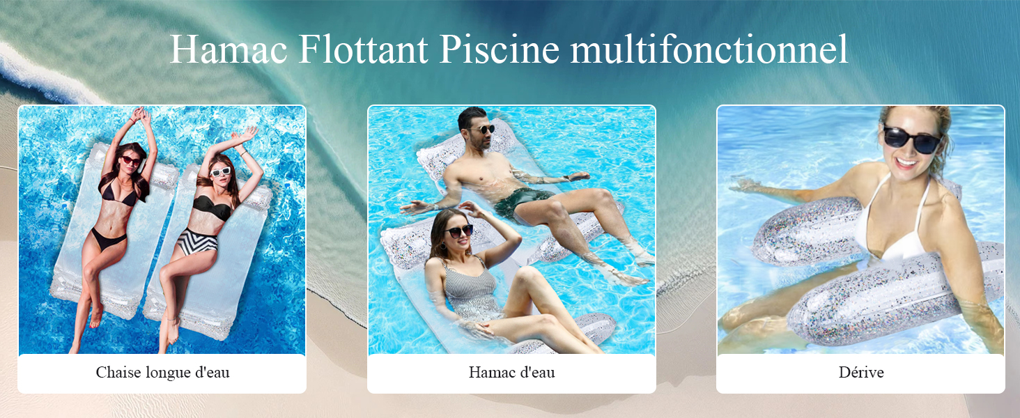 présentée en plusieurs vues. Design semi-transparent avec motif argenté, démontré flottant à la surface de l'eau