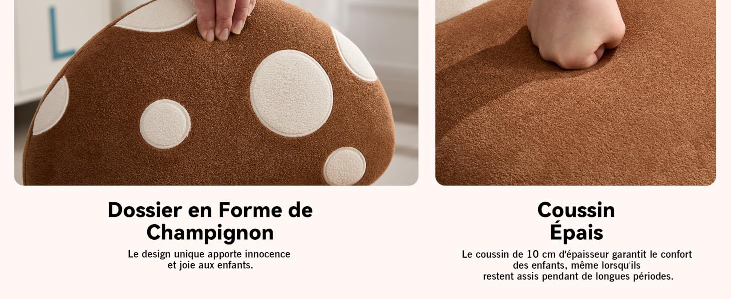 Le texte indique « Dossier en Forme de Champignon » et « Coussin Élis ». Coussins en peluche marron avec des motifs circulaires blancs illustrés sur les images de démonstration du produit.