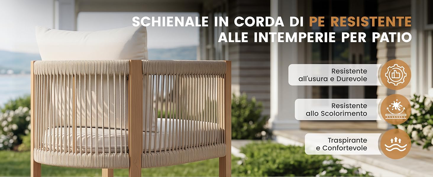 Il testo recita 'SCHIENALE IN CORDA DI PE RESISTENTE ALLE INTEMPERIE PER PATIO' con recinzione/cancello in legno mostrato nel prodotto. Presenta i badge di certificazione della resistenza e le specifiche del prodotto visualizzate sul lato destro.