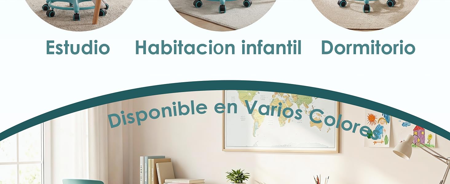 El texto dice «Estudio», «Habitación infantil», «Dormitorio» y «Disponible en varios colores». Muestra los diseños de los productos de mobiliario en diferentes configuraciones de habitación.