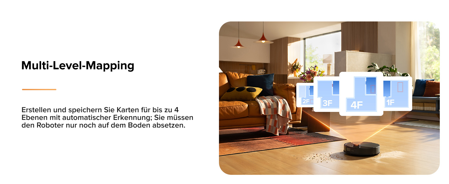Roboter-Staubsauger, der ein Wohnzimmer kartografiert. Transparente blaue Rechtecke überlagern die Möbel und stehen für die mehrstufige Mapping-Funktion des Geräts. Gemütliches Interieur mit sichtbarem Sofa und Pflanzen