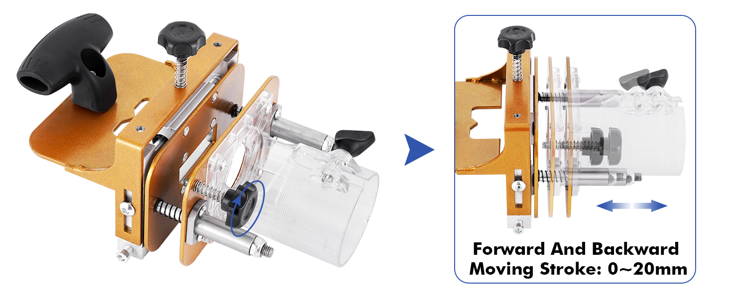 Text reads 'Forward And Backward Moving Stroke: 0-20mm'. Technical diagram showing adjustable clamp mechanism with forward/backward movement capability.