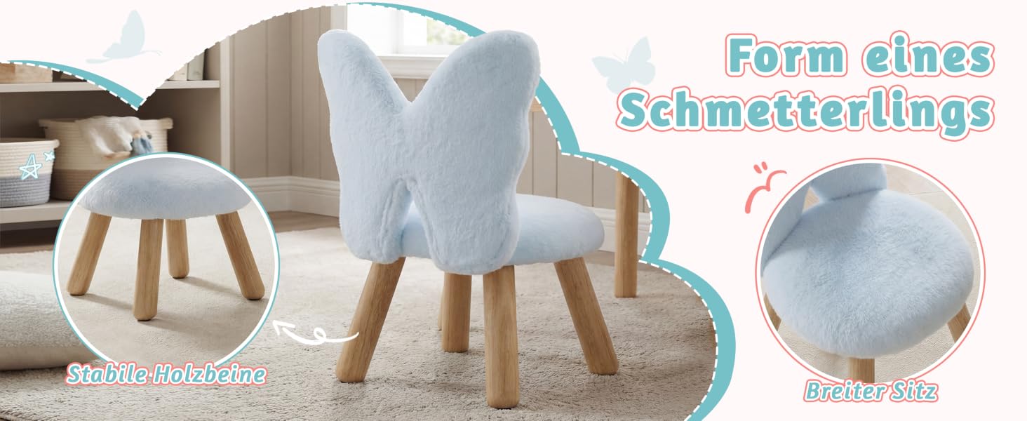 Der Text lautet „Form eines Schmetterlings“. Aus drei Blickwinkeln gezeigtes Kindermöbelstück mit hellblauem, gepolstertem Sitz mit Holzbeinen.