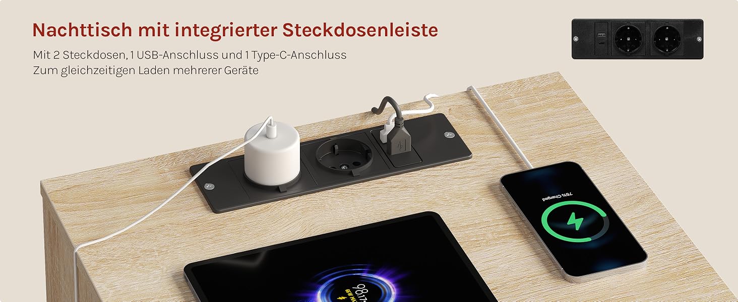 Der Text lautet „Nachttisch mit integriertem Soundsystem“. Schwarzer Nachttisch mit Smartphone, auf dem eine Musikanwendung auf der Oberfläche angezeigt wird, mit integriertem Audiosystem.