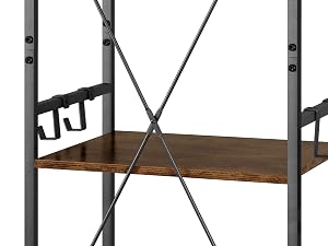 Mensola da parete in stile industriale con struttura e ganci in metallo nero, progettata per sostenere scaffali