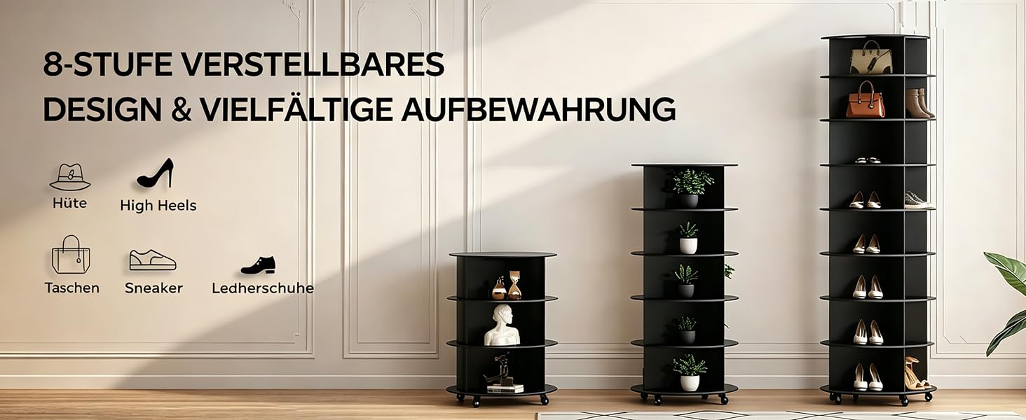 Der Text lautet „6-STUFIGES VERSTELLBARES DESIGN &amp; VIELFÄLTIGE AUFBEWAHRUNG“. Drei schwarze Stufenregale im Wohnzimmer mit Dekorationsgegenständen und Topfpflanzen.