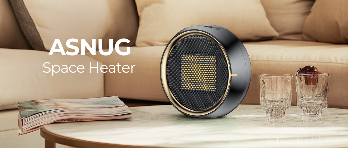 Text reads 'ASNUG Space Heater'. Product images showing a cylindrical space heater device in what appears to be a home setting.