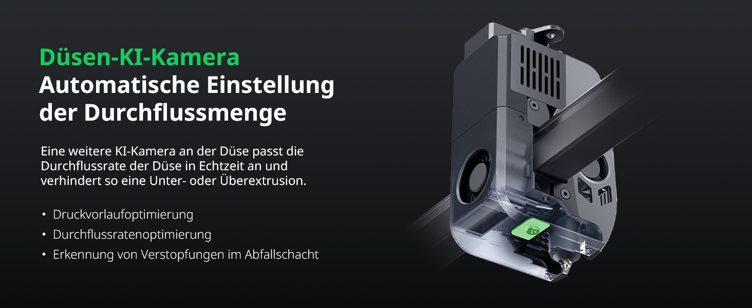 Der Text lautet „Düsen-K-Kamera“ und „Automatische Einstellung der Durchflussmenge“. Technisches Produktbild, das die Kamera oder das Sensorgerät mit detaillierten deutschen Spezifikationen zeigt.