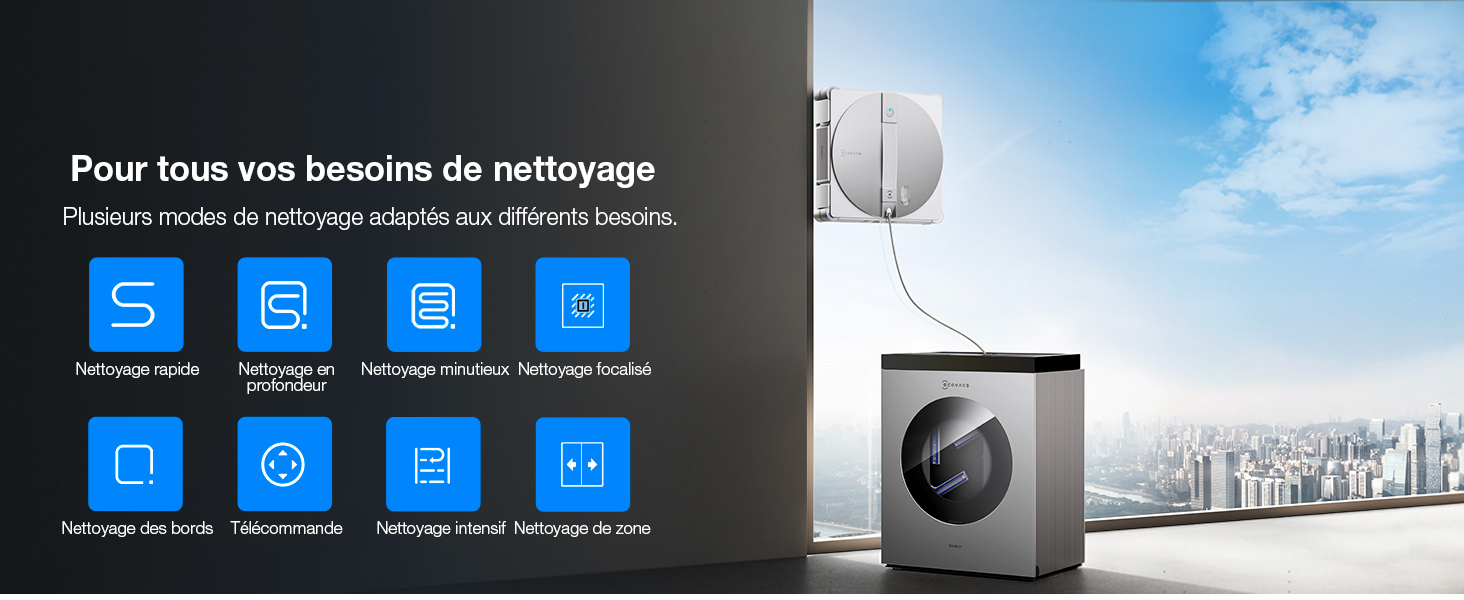 Le texte se lit comme suit : « Pour tous vos besoins de nettoyage ». Icônes bleues indiquant les différentes fonctions ou modes de nettoyage, affichées en regard de l'image de la machine à laver.