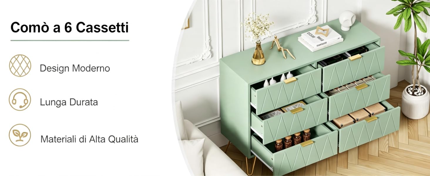 Il testo recita «Comò a 6 Cassetti» e «Design Moderno», «Lungo Durata», «Materiali di Alia Qualità». Cassettiera verde salvia con sei cassetti intrecciati.