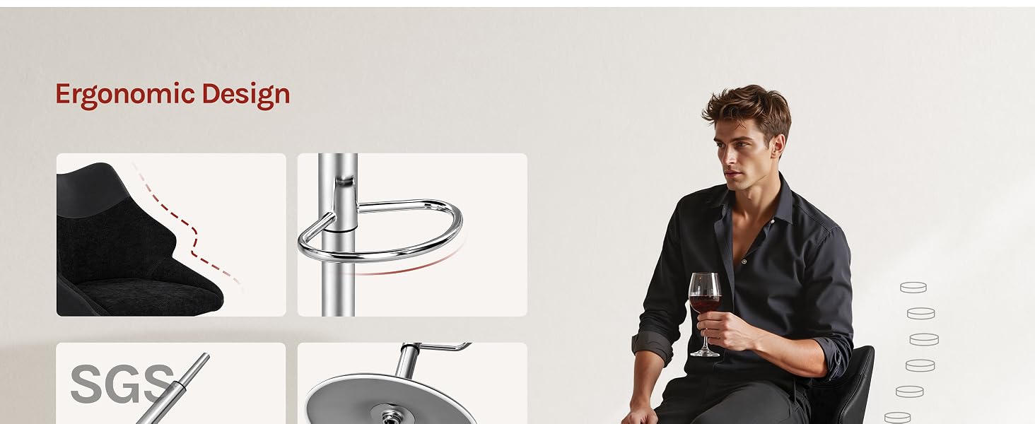 Text reads 'Ergonomic Design' and 'SGS'. Composite showing product specifications: black ergonomic foot rest, mechanical joint details, compliance certification, and man demonstrating usage holding saxophone.