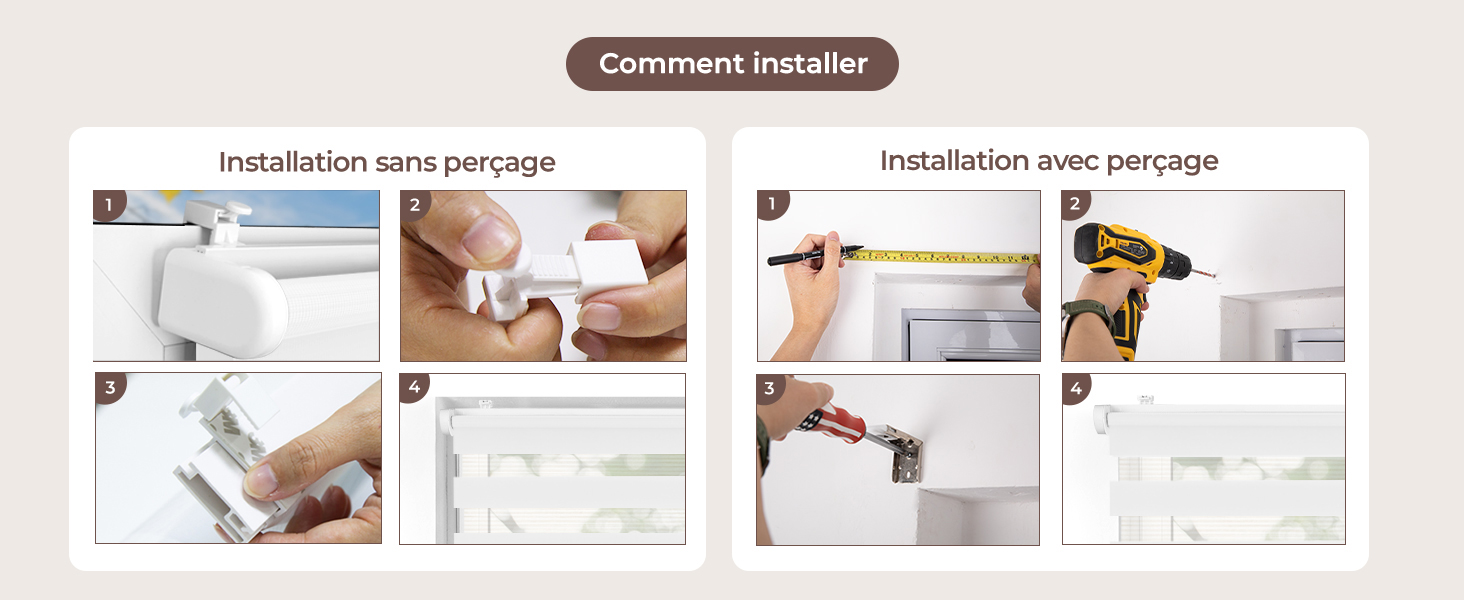 Le texte indique « Commentez l'installateur », suivi d'images du guide d'installation étape par étape montrant des mains appliquant ce qui semble être des instructions de montage mural ou en surface sur plusieurs panneaux.
