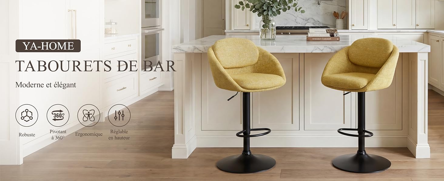 Le texte se lit comme suit : « YA-HOME TABOURETS DE BAR Moderne et élégant ». Deux tabourets de bar jaune moutarde sur fond d'îlot de cuisine blanc.