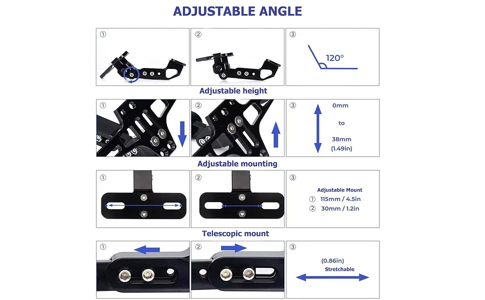 présentant les caractéristiques réglables d'un support de montage : réglage de l'angle à 120°, réglage de la hauteur de 9 mm à 38 mm, support télescopique et réglage latéral. Construction en métal noir avec plusieurs points de réglage.