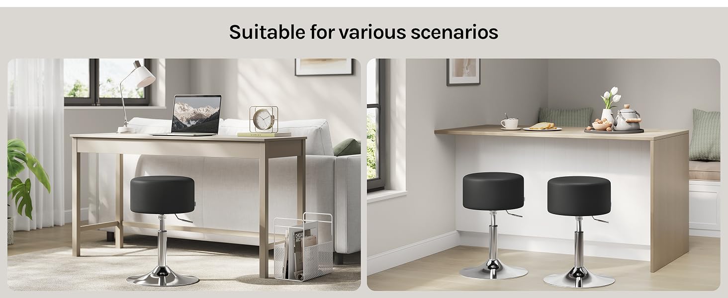Text reads 'Suitable for various scenarios'.
[SENTENCE 15] Collection of interior photos showing black swivel chairs in different room settings with modern furniture.