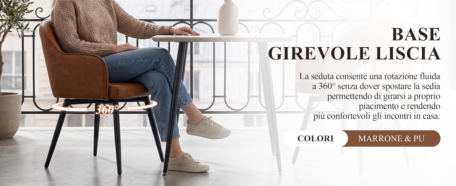 Il testo recita 'BASE', 'GIREVOLE LISCIA', 'struttura metallica girevole con base in legno', '€160,00', 'SCEGLI'. Poltrona girevole moderna in tessuto marrone con base girevole in metallo, inserita in un salotto contemporaneo con tavolino e lampada.