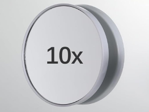 Round magnification mirror with '10x' text displayed, featuring a simple gray circular frame against white background.