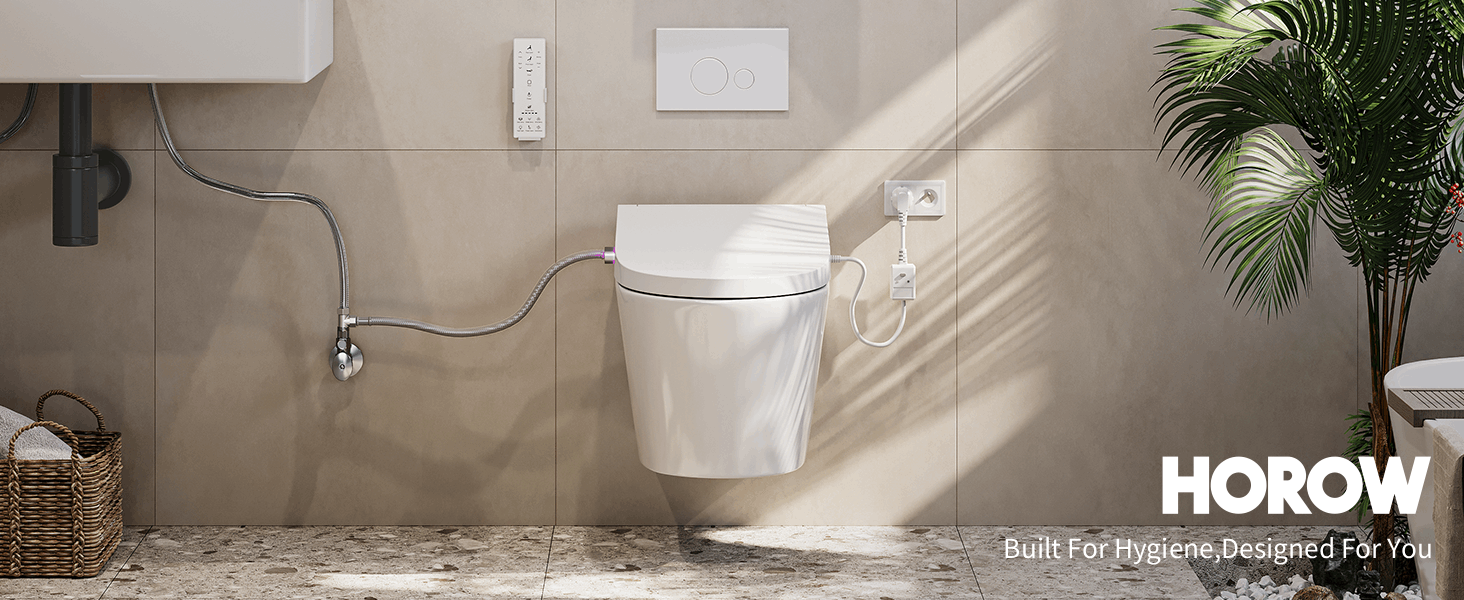 Text reads 'Horow'. Modern bathroom interior featuring a wall-mounted toilet with clean lines against beige walls, complemented by natural decor elements.