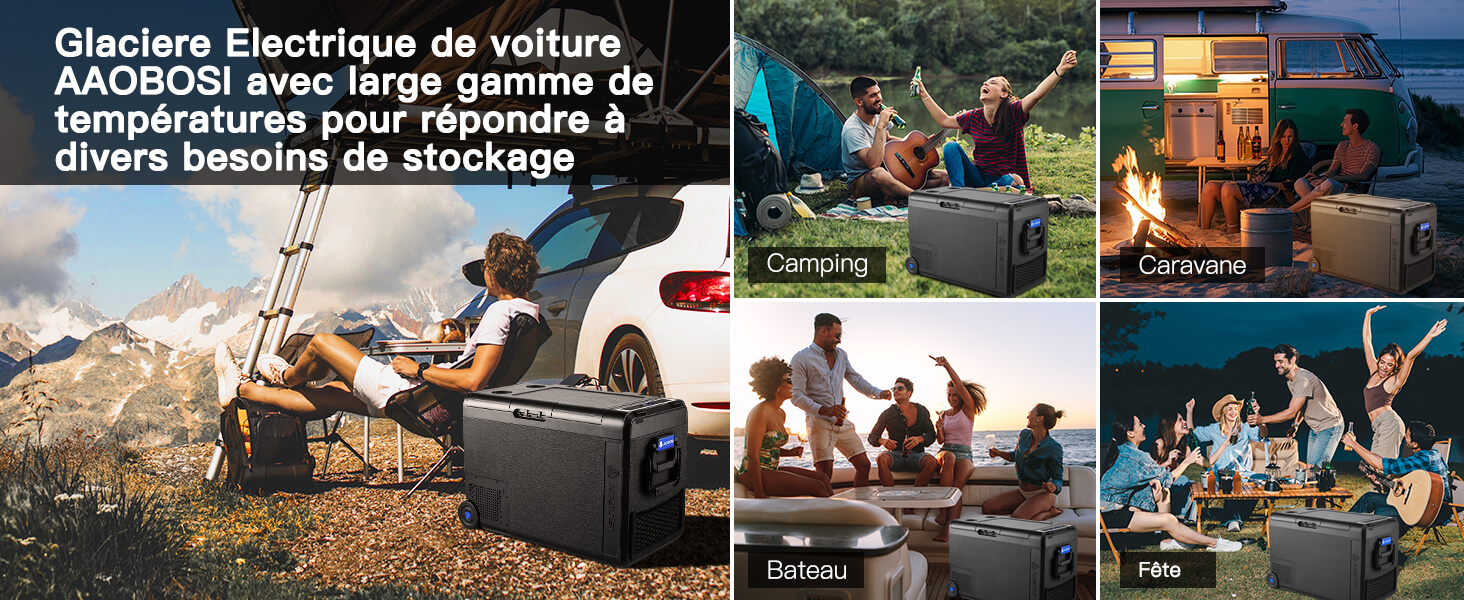 présentée en extérieur, avec plusieurs panneaux illustrant son utilisation pendant le camping, les activités sur la plage et les rassemblements en plein air.