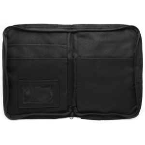 Black padded storage case or bag with multiple zippered compartments arranged side-by-side, designed for organized storage and transport.