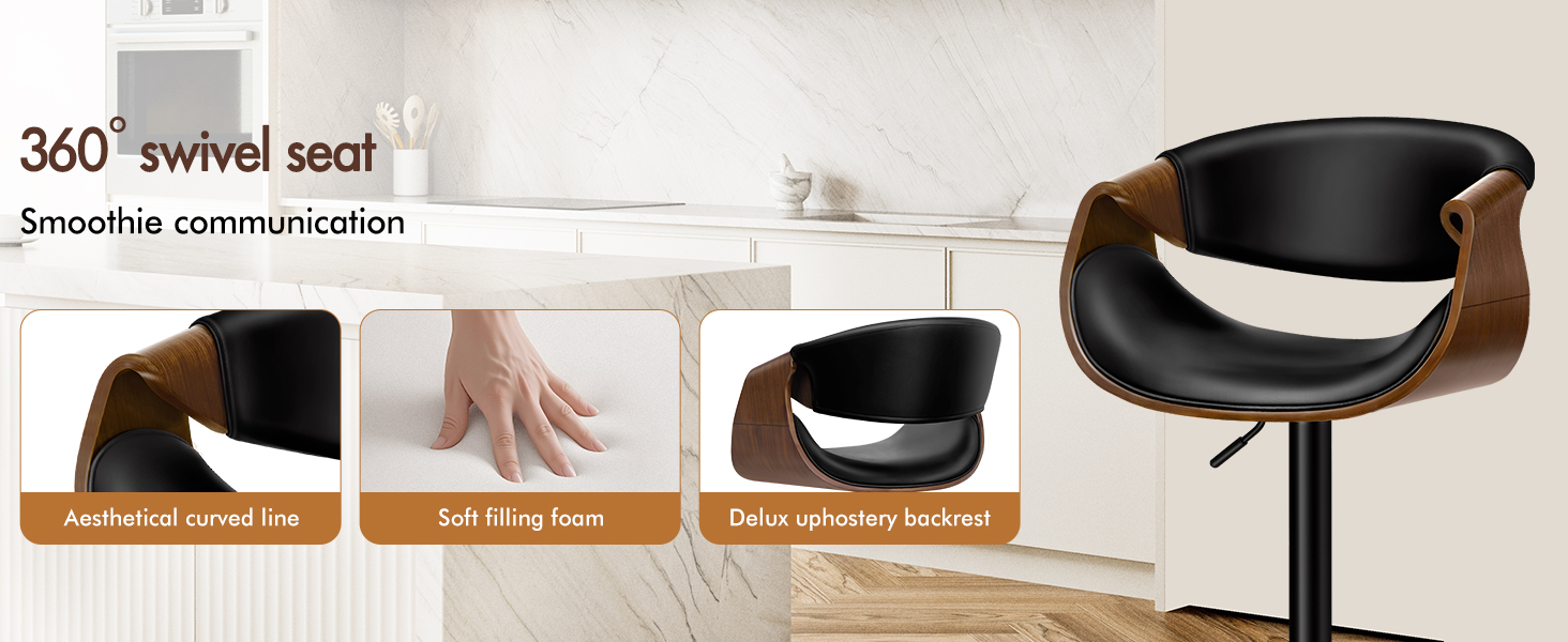 Text reads '360° swivel seat'. Modern black and wood curved chair product image showing rotation functionality with comfort features indicated.