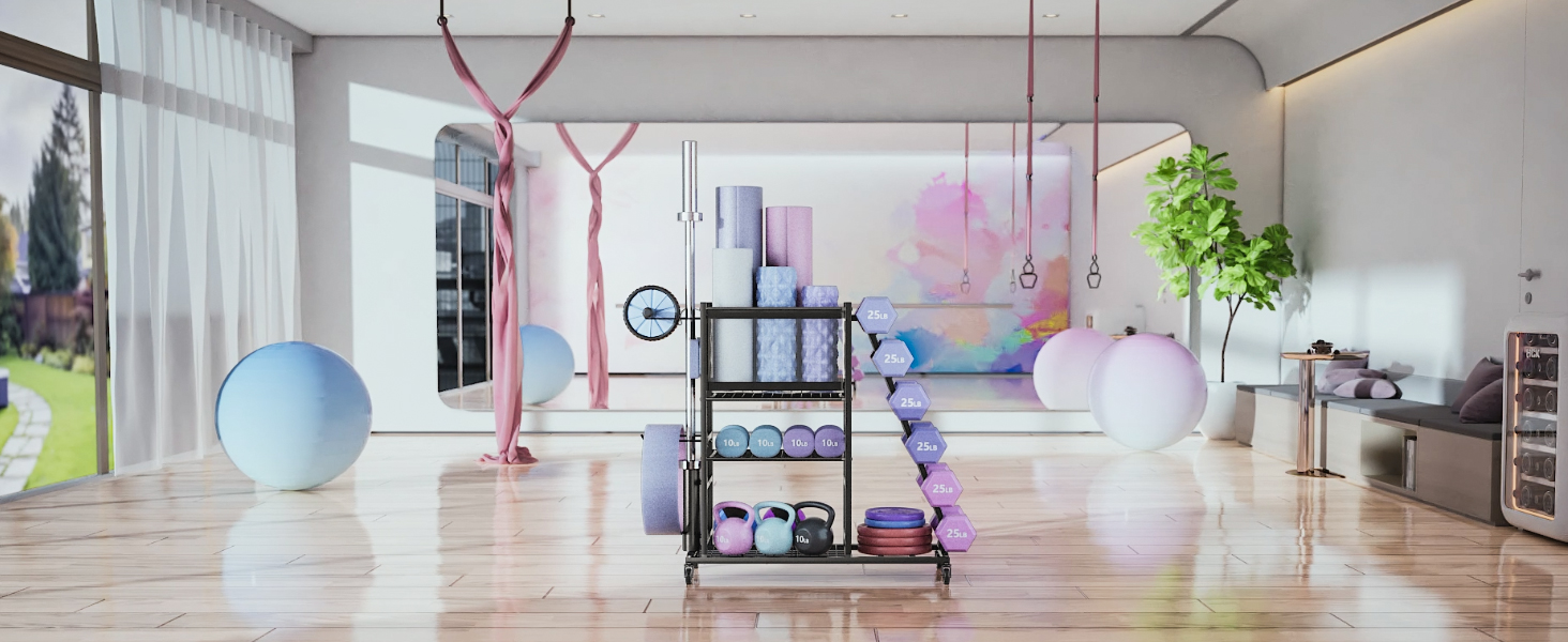 Großzügiges Fitness- oder Tanzstudio mit verspiegelten Wänden, pinken Hängestangen, Gymnastikbällen und Lagerregalen. Sauberes, helles Interieur mit Holzböden