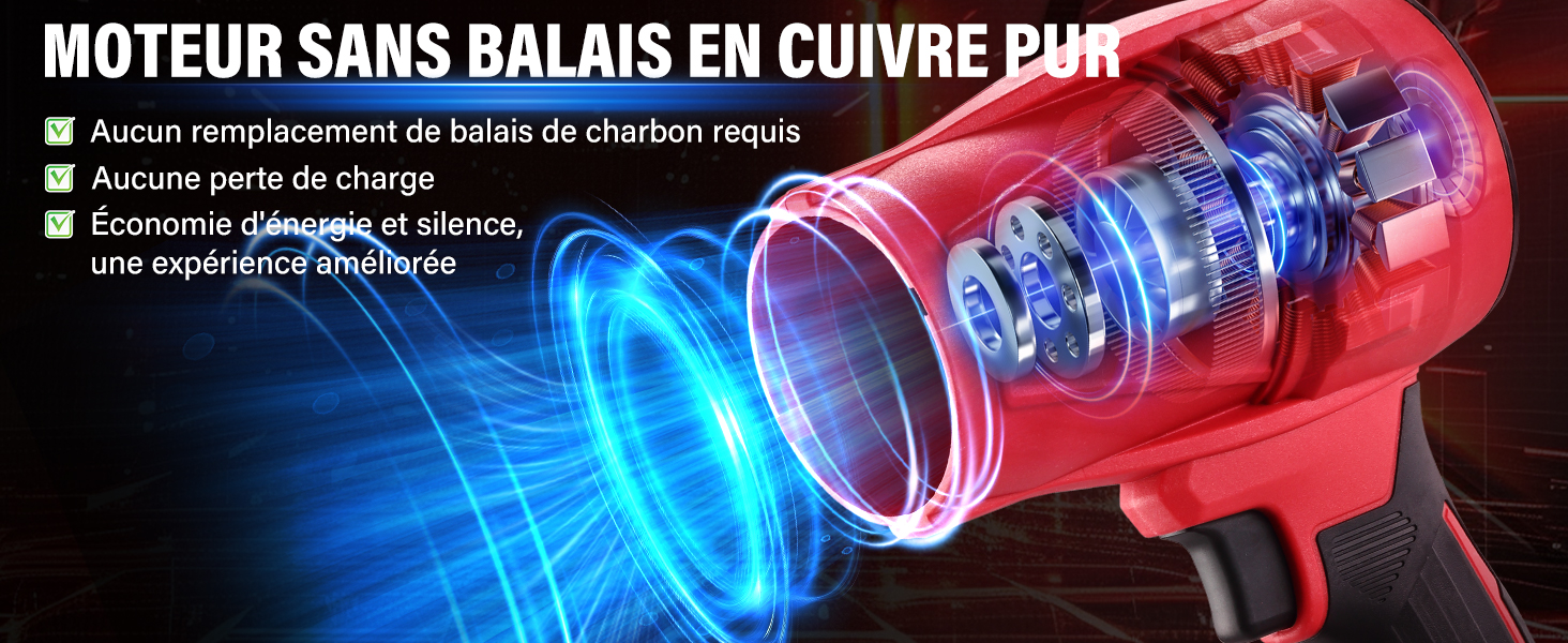 Le texte indique « MOTEUR SANS BALAIS EN CUIVRE PUR ». Plusieurs photos de produits montrant les détails techniques d'un moteur sans balais en cuivre, affichés sur un fond sombre avec des effets de lumière bleus.