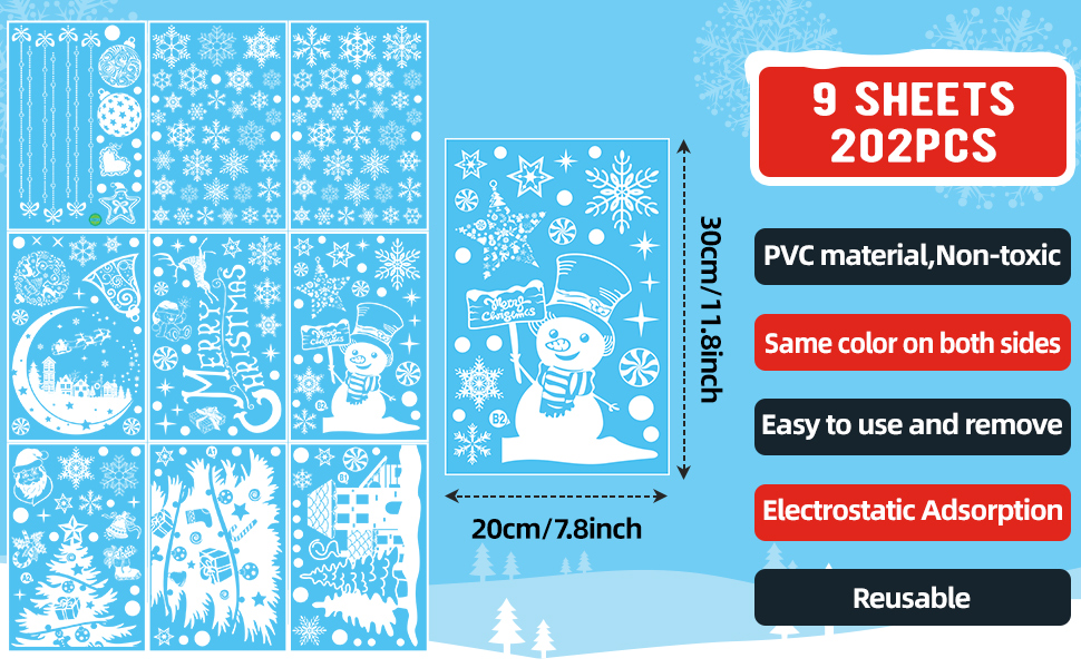 Fensteraufkleber im Winterstil mit Schneeflocken- und Schneemannmotiven. Das Set enthält 9 PVC-Platten con