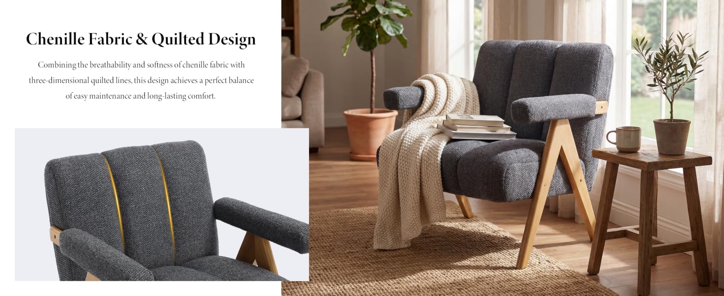 Text reads 'Chenille Fabric &amp; Quality Design'. Living room setting showcasing dark gray chenille upholstered furniture with decorative potted plants and modern wooden accent pieces.