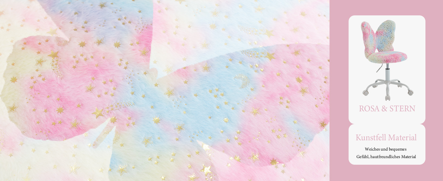 Pastellfarbener Bürostuhl mit schmetterlingsförmiger Rückenlehne, rosafarbenem Sitz und weißem Gestell. Der Hintergrund zeigt ein abstraktes aquarellähnliches Muster in zarten Rosa