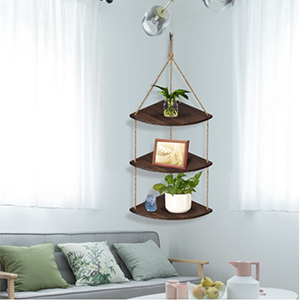 Hanging Corner Shelf 3 Tier Rope Wood Wall Floating Shelves Rustic Organizer Displays Storage Rack 