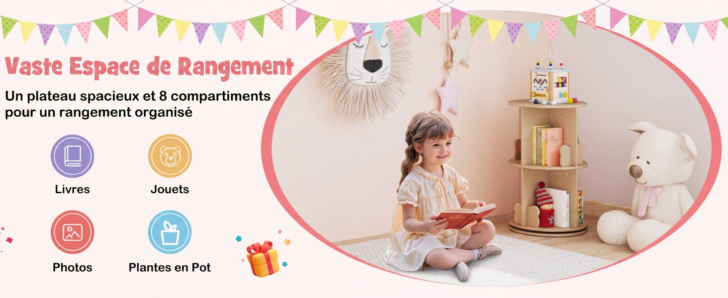 Le texte indique « Un plateau spécimen à 5 compartiments » et des icônes de produits. Bannière de fête au-dessus d'une scène de salle de jeux beige avec des meubles et des éléments décoratifs.