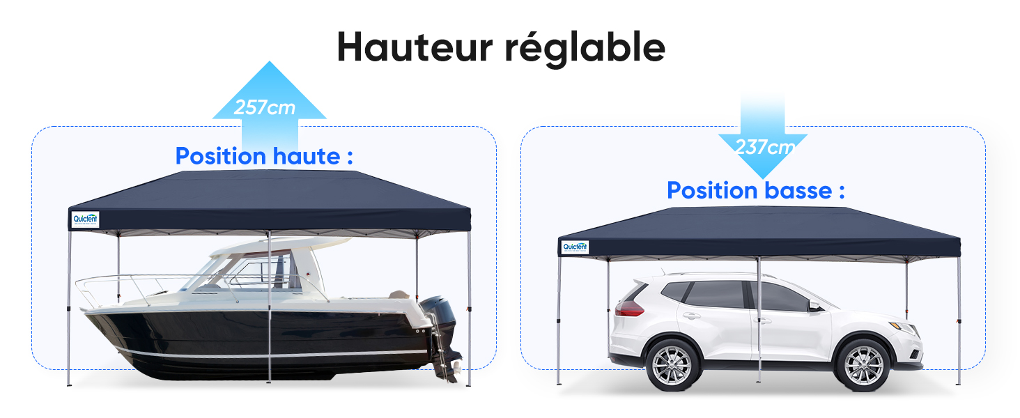 Le texte indique « Hauteur réglable », « Position haute », « Position base ». Image divisée montrant l'utilisation de la verrière à hauteur réglable sur les bateaux et les véhicules utilitaires sport, montrant les positions haute et basse.