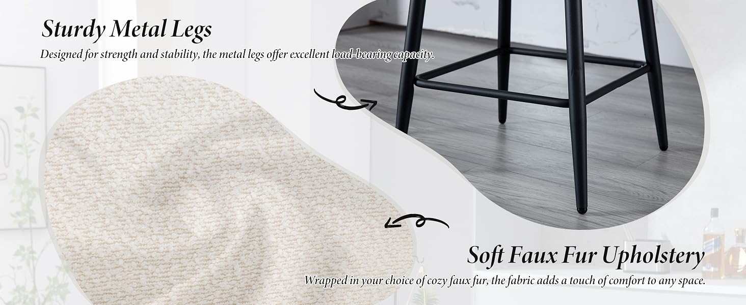 Close-up of barstool features: black metal legs with crossbar support on wood floor, and light-colored faux fur upholstery on the seat.