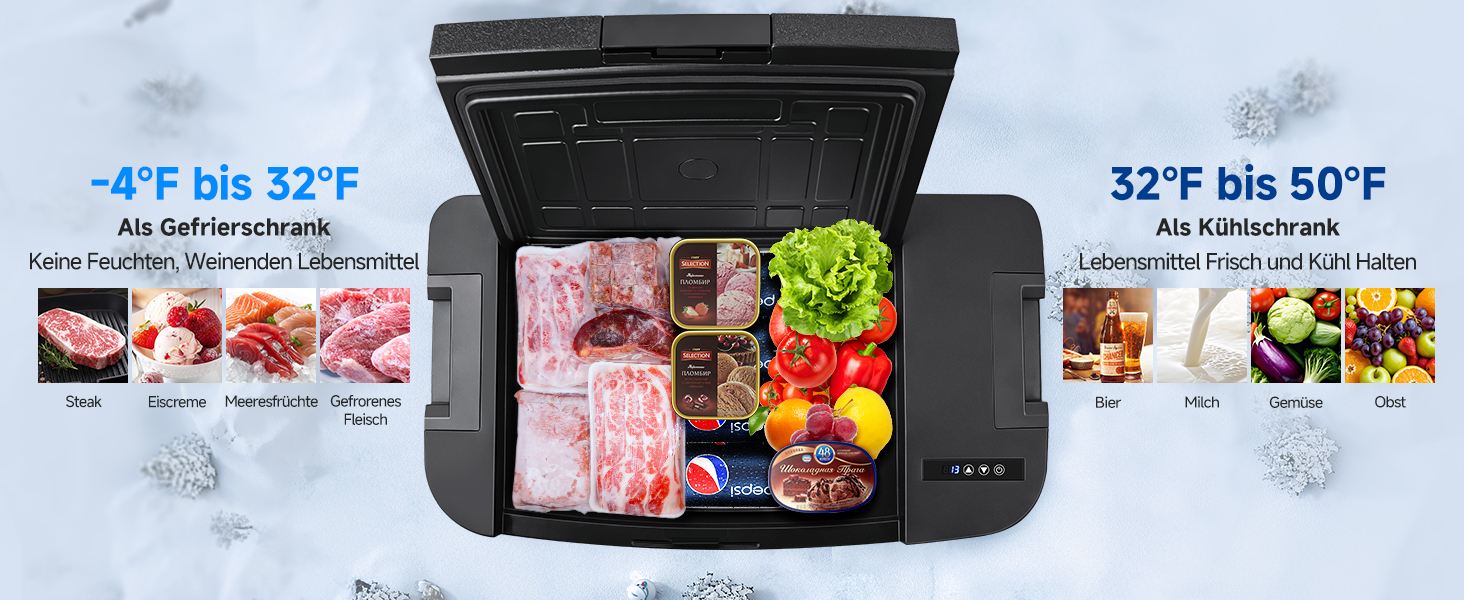 Tragbare elektrische Kühlbox mit zwei Temperaturzonen. Der offene Deckel zeigt die Lagerkapazität für Lebensmittel an. Temperaturbereich -4°F bis 50°F. Zeigt rohes Fleisch, Gemüse