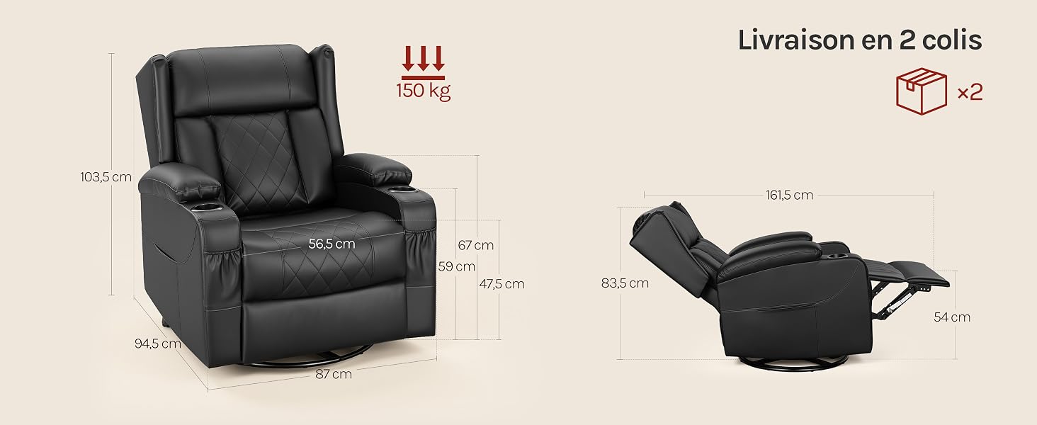 Le texte indique « Livraison en 2 colis » et les spécifications du produit. Fauteuil à inclinaison électrique en cuir gris présenté en position verticale et inclinée avec des caractéristiques étiquetées, notamment le réglage du repose-pieds et du dossier motorisés.