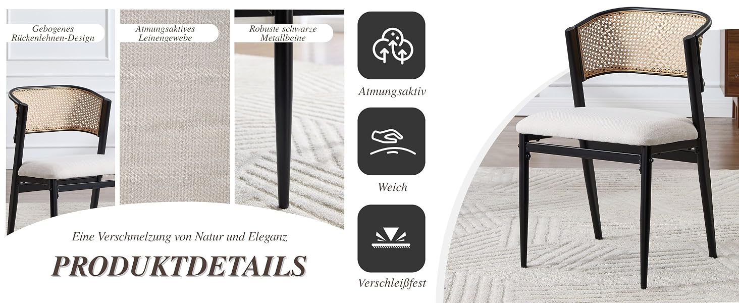 Kollektion von Esszimmerstühlen, die in verschiedenen Winkeln gezeigt werden. Sie verfügt über gepolsterte Sitze in hellen, neutralen Tönen mit Holzbeinen und ein elegantes, modernes Design.